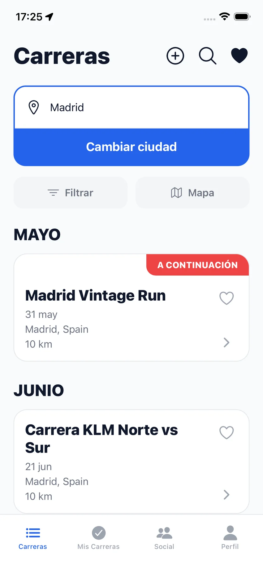 Buscador de carreras de Reispid con ubicación, calendario y favoritos
